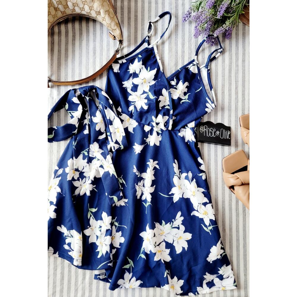 Blue and White Floral Print Front Belted Sleeveless Cami Summer Dress